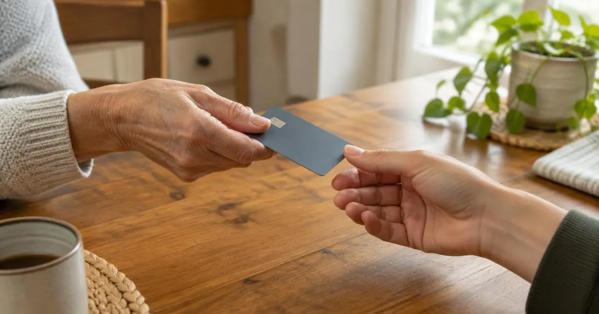 An older woman's hand passing a credit card to a younger adult across a wooden kitchen table